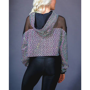Pull à capuche pour femme de haute qualité en cristal, entièrement recouvert de strass, tissu en maille spécial, cordon de serrage, brillant - Product Image 1