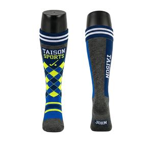 <b>Women</b> Field Hockey Sports <b>Socks</b> Premium Durable Cotton Polyester Blend Blue Grey Panel Style Woven Logo Custom Fit Men <b>socks</b> - Product Image 1