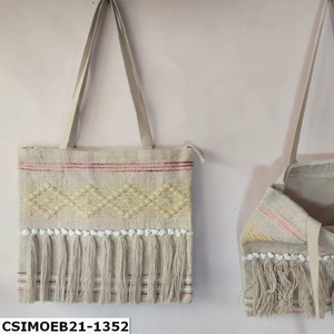 Sac fourre-tout chic bohème en coton uni, écologique, élégamment fait à la main, réutilisable, pour usage quotidien, avec fermeture éclair pour femme - Product Image 1