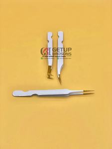 Pince à épiler professionnelle GETUP BROSONS en acier inoxydable, fine et droite, pour extensions de cils volume russe, avec pointe dorée et revêtement en poudre blanche - Product Image 3