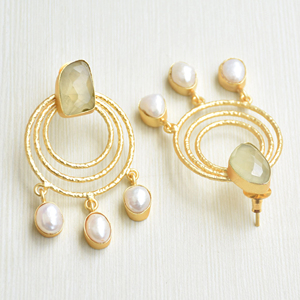 Brass Pearl <b>Stud</b> <b>Earring</b> with Prehnite Wholesale Handmade Natural Stone Rhodium Plated Fashion Forward Style Bulk Export Quality - Product Image 2