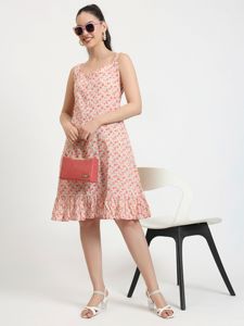 Sati Factory verano Casual Floral geométrico triángulo estampado vestido rosa Beige sin mangas suelta silueta volante dobladillo hasta la rodilla - Product Image 2