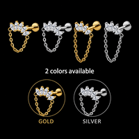 Perhiasan Tindik Bibir, Helix, Conch, dan Cartilage Model Rantai ASTM F136 Titanium Lapis Emas 16G dengan Batu CZ Flat Back yang Trendi
