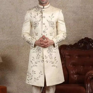 Elegante Zari Bordado de lana/terciopelo de seda Sherwani y conjunto de pantalón con cuentas de cristal antiarrugas cuello mandarín cremallera mosca - Product Image 4
