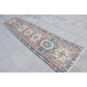 พรมตุรกีโบราณ ขนาด 2.5x10.9 ฟุต พรมสีน้ำเงินน้ำตาลสไตล์โมร็อกโก - Product Image 2