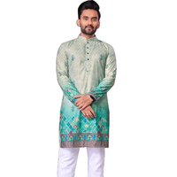 Kurta traditionnel pour homme, coupe ajustée et taille régulière, en tissu coton-rayonne, broderie sur les deux côtés, manches longues, motif, longueur genou, sans plis
