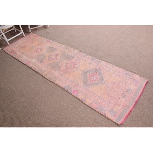 Tapis turc vintage patchwork 2,9x9,9 pieds, avec envers en latex écologique, en laine Herki rose - Product Image 3
