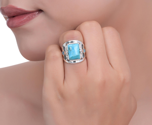 Bague en turquoise bleue naturelle et topaze bleue, fabriquée en argent sterling 925, bijou bohème, pierre précieuse, fait main, cadeau - Product Image 4