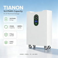 Batterie au lithium fer phosphate Tianon 51,2 V 16 kWh de qualité industrielle, cellules montées sur rack, IP21, système de stockage d'énergie domestique tout-en-un (ESS)