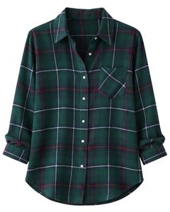Camisa Oversize de Franela a Cuadros para Mujer, Verde Oscuro, Manga Larga, Casual, Suave, para Otoño e Invierno, Venta al por Mayor - Product Image 1