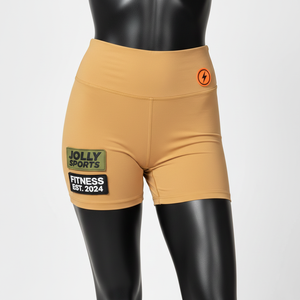 กางเกงขาสั้นบั้นท้ายทรงสวยสำหรับผู้หญิง ผ้าโพลีเอสเตอร์ผสมสแปนเด็กซ์เนื้อเนียน สีเบจคาเมล เอวสูง โลโก้แบบรีดร้อน - Product Image 6