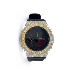 Montre ronde jaune avec lunette sertie de diamants en moissanite, boîtier en acier inoxydable, résistance à l'eau 10 bars, bracelet en acier inoxydable - Product Image 1