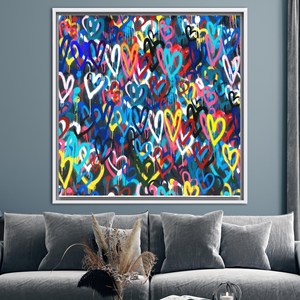 Abstract Canvas - Banksy Colorful <b>Hearts</b> Printed Artwork, Love <b>Hearts</b> <b>Decor</b>,White Framed - Product Image 1