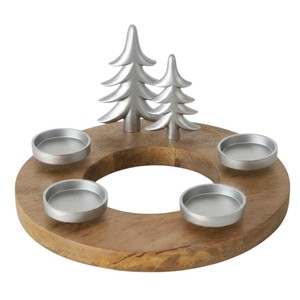 Porte-bougie de Noël, base en bois festive, centre de table pour bougie chauffe-plat, décoration de Noël avec arbre de Noël en métal doré, décoration de la maison - Product Image 5