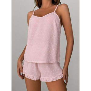 Conjunto de camiseta sin mangas con tirantes finos y pantalones cortos Aerobin con pompones para mujer, 37935 - Rosa - Product Image 4