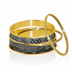 Conjunto de Brazaletes Artesanales de Latón y Cuero Repujado, Diseño de Serpiente Gris y Oro Pulido, Joyería de Lujo para la Muñeca - Product Image 1