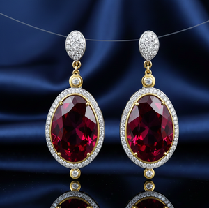 Boucles d'oreilles pendantes ovales en grenat 15×23 avec CZ |   Boucles d'oreilles de mariée et de soirée en argent sterling 925 plaqué or 18 carats pour femmes - Product Image 2