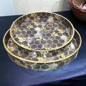 Mère de perle travail mosaïque perlée aspect attrayant forme ronde meilleure qualité en bois fait plateau de service ustensiles de cuisine accessoires - Product Image 3