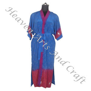 KL018 Kimono de seda bohemio Vintage Sari largo bohemio gitano reciclado Sari de seda Vintage Sari Kimono batas largas vestido de mujer ropa de dormir - Product Image 1