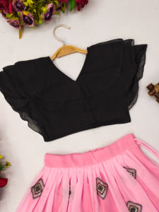 Ropa Étnica para Niñas, Lehenga Choli Rosa, Largo hasta el Suelo, Secado Rápido, Shoryam, Top Negro a Capas, Elegante, para Fiestas - Product Image 3