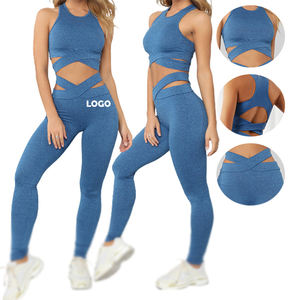 Ropa de Yoga de cintura alta con logotipo personalizado recién llegada conjuntos de fitness de gimnasio personalizados 2 piezas sujetador de mallas cruzadas conjunto de Yoga de mujer - Product Image 1