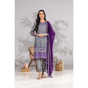 Conjunto de Traje de 3 Piezas para Mujer en Color Morado, de Algodón Slub con Bordado - Product Image 4