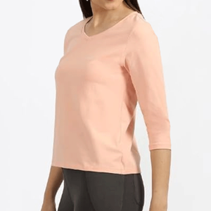 Camiseta de Manga Tres Cuartos con Cuello en V de Punto Transpirable de Verano de Alta Calidad y Corte Regular para Mujer, Personalizada, 100% Algodón - Product Image 6