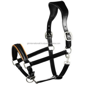 Licou de cheval en cuir anatomique noir robuste de haute qualité avec rembourrage doux de luxe cousu et accessoires en laiton nickel - Product Image 2