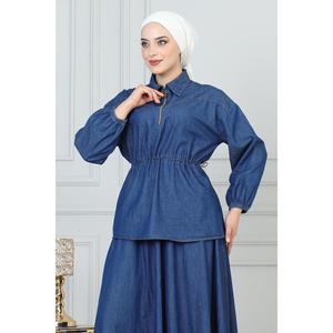Ensemble deux pièces en jean bleu pour femme, jupe midi décontractée avec détail lacé au-dessus du genou, idéal pour les sorties estivales en club, MOQ 2 pièces - Product Image 2