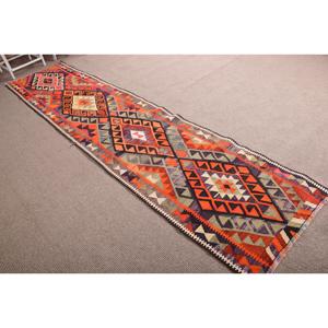 Alfombra Turca Vintage de 2.7x11.8 pies, Alfombra de Lana Kilim con Borde Naranja - Product Image 3