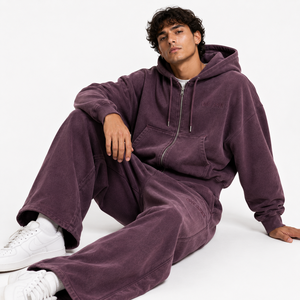 Wholesale Custom 100% Cotton Casual Solid Men's Hoodie Pant Tracksuits Breathable Winter <b>Zip</b>-<b>Up</b> <b>Crop</b> Hoodie with Rhinestone - Product Image 3