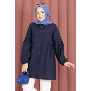 Túnica Azul Marino de Popelina para Mujer, Camisa Casual con Cuello, Estampado de Moda en Algodón, Botones, Cintura Fruncida, Holgada para Otoño, Talla XL - Product Image 2