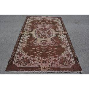 Vintage Turkish Rug 4.8 X 7.7ft Classic Brown Beige Patchwork Design Wool Faux Rabbit Fur Latex Rectangle Hallway for Bedside - Product Image 1