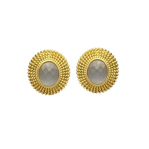 Pendientes circulares chapados en oro recién llegados con diseño Sunburst y piedras preciosas de Calcedonia gris - Product Image 1