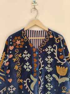 Handcrafted Blue Suzani Velvet <b>Jacket</b> Floral Fancy Embroidery Style For Unisex Boho <b>Hippie</b> coat Indian Wholesaler - Product Image 3
