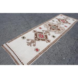 Vintage Turkish <b>Runner</b> <b>Rug</b> 3.2x10.4 ft, White Brown Floral Wool <b>Rug</b> - Product Image 3