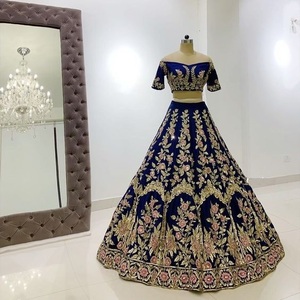 2023 Beautiful Heavy Gold Embroidery Work Navy <b>Blouse</b> Lehenga Dress Embellished Crystal Glass Beadsstone Dabka Wedding Made Net - Product Image 1