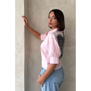 Blusa de Mujer TOPSHOW, Color Rosa, Mezcla de Algodón y Poliéster, con Detalle de Mariposa en la Espalda, Venta al Por Mayor, para Uso Diario Informal - Product Image 1