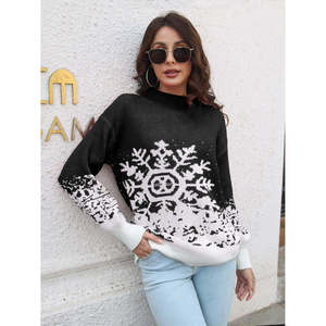 Maglione Casual da Donna con Motivo a Fiocchi di Neve, Collo Alto, Traspirante, in Maglia di Seta con Logo Frontale e Stampa Ricamata per l'Inverno - Product Image 4