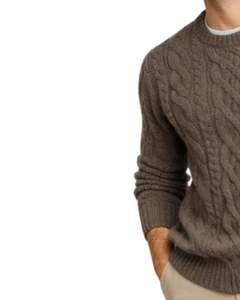 Mens Brown Cable Knit Sweater Crew Neck Long Sleeve Winter Pullover Soft <b>Wool</b> Blend Casual Comfort Fit Knitwear Premium Style - Product Image 3