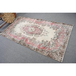Vintage Area Rug 3.6x7 ft, Red <b>Brown</b> Check Rug <b>Wool</b> - Product Image 1