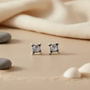 925 <b>Silver</b> <b>Stud</b> Earrings with Pear Cut Moonstone and Pearl Trendy Geometric Design for Wedding or Engagement - Product Image 2