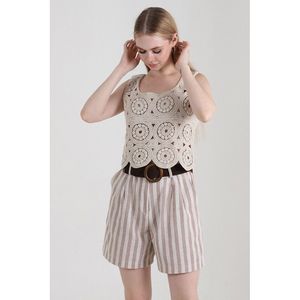 TOPSHOW Women's Stone Striped <b>Linen</b> Belted Shorts for Summer Casual Wear, Available in S-XL Sizes - Product Image 1