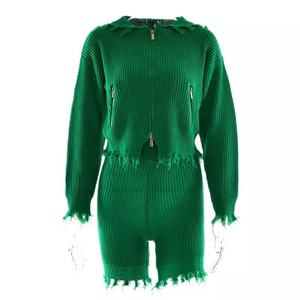 Pull tricoté à manches longues et fermeture éclair, haut taille haute, short, ensemble deux pièces pour femmes, nouvelle collection - Product Image 6