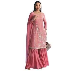 Pink Tissue Kurta Sharara <b>Suit</b> with Moti Cut Dana Embroidery for Wholesale Wedding Receptions Cultural Ceremonies and Custom - Product Image 1