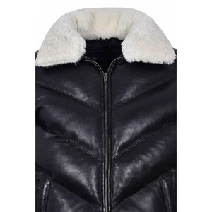 2024 nouvelle veste de fourrure en cuir de mouton personnalisée pour hommes véritable veste d'hiver en peau de mouton couleur noire bulle veste en cuir lettre - Product Image 5
