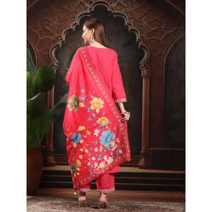 Kurta de Algodón Puro con Bordado Floral para Mujer, con Trabajo de Hilo Regular, Incluye Pantalones y Dupatta - Conjunto Regular - Product Image 3