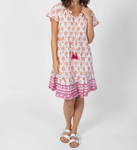 Bohemian Floral Print Mid-Calf <b>Dress</b> Cap Sleeve V-neck A-Line 100% Cotton Eco-Friendly <b>Loose</b> Fit Summer Casual Women's <b>Dress</b> - Product Image 6