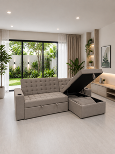 Sofá Cama Moderno de Tela Acolchada, Multifuncional, en Forma de L, con Almacenamiento y Portavasos, para Sala de Estar, Hotel, Villa - Product Image 3