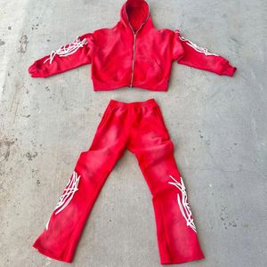 Ensemble de jogging en coton délavé à l'acide, 2 pièces, survêtement brodé avec sweat à capuche et pantalon de survêtement, ensemble de jogging cargo évasé d'hiver - Product Image 1